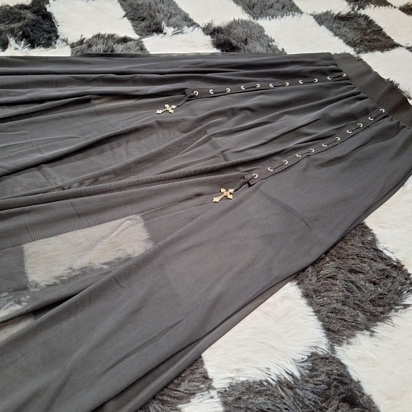 Lace-Up Maxi Skirt Black Sheer with Metal Crosses - Goth Grunge Alt XS/S - Picture 2 of 7